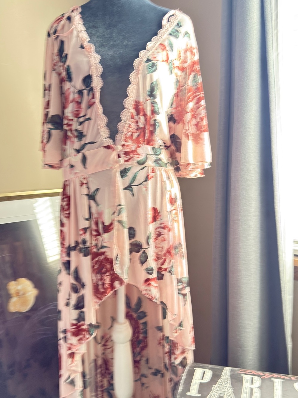 Kimono Floral Lace-Trim Pink High-Low Dress